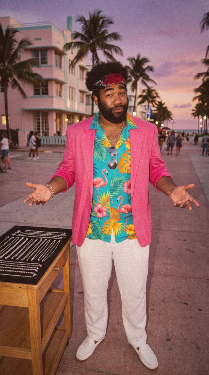 Sonny Silva in a hot-pink blazer and a turquoise flamingo shirt, a red-rose bandana tied around his head, shrugging beside his wooden cart of silver chains on the Miami Beach boardwalk at sunset
